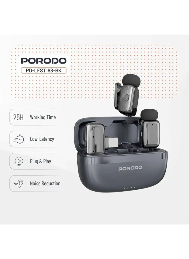 porodo Double Wireless Lavalier Microphones with Type-C Connector and Noise Reduction / Plug & Play / 25H Working Time / Low-Latency - Black - Image 4