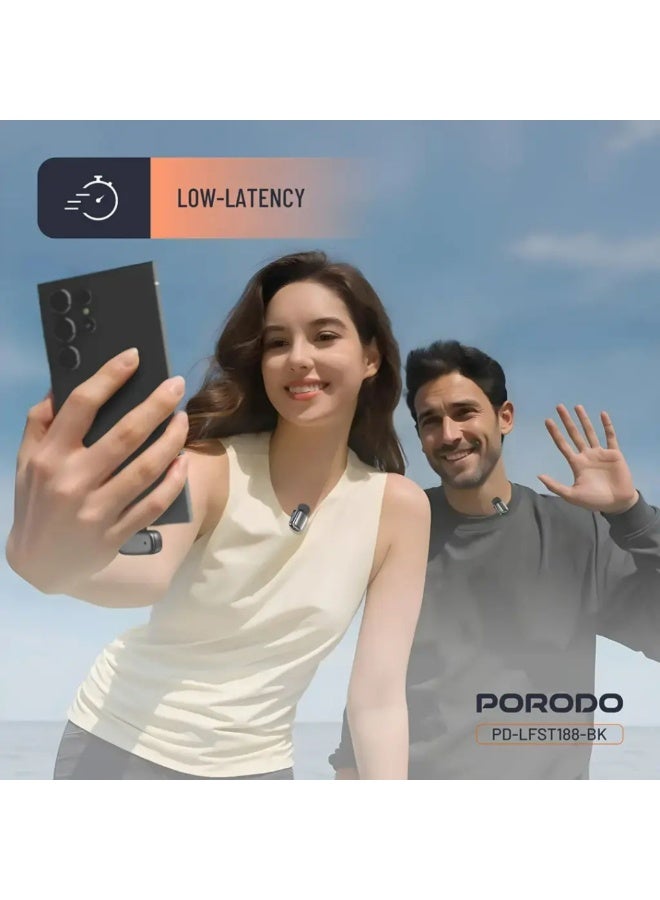 porodo Double Wireless Lavalier Microphones with Type-C Connector and Noise Reduction / Plug & Play / 25H Working Time / Low-Latency - Black - Image 5