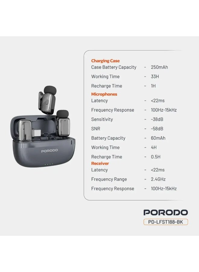 porodo Double Wireless Lavalier Microphones with Type-C Connector and Noise Reduction / Plug & Play / 25H Working Time / Low-Latency - Black - Image 3
