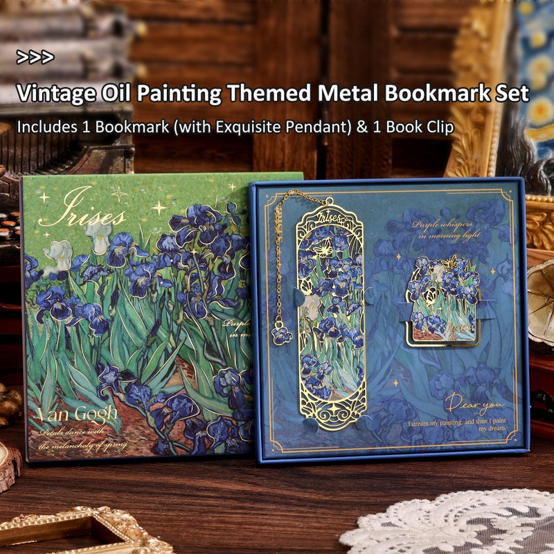emmoolife Luxury Metal Bookmark & Book Clip Gift Set, Oil Painting Themed Irises, 1 Bookmark with Pendant + 1 Book Clip, Elegant Christmas New Year Gift Box for Women Book Lovers Writers Readers Teenage - Image 3