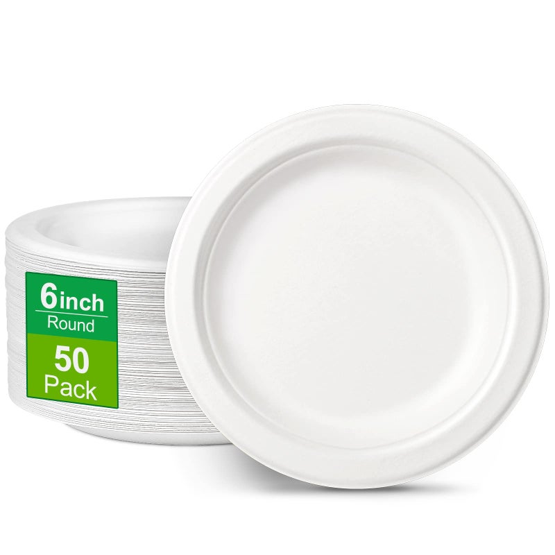 Greconv Eco-Friendly Compostable Dessert Plates 6-Inch  White - 50 Count - Image 1