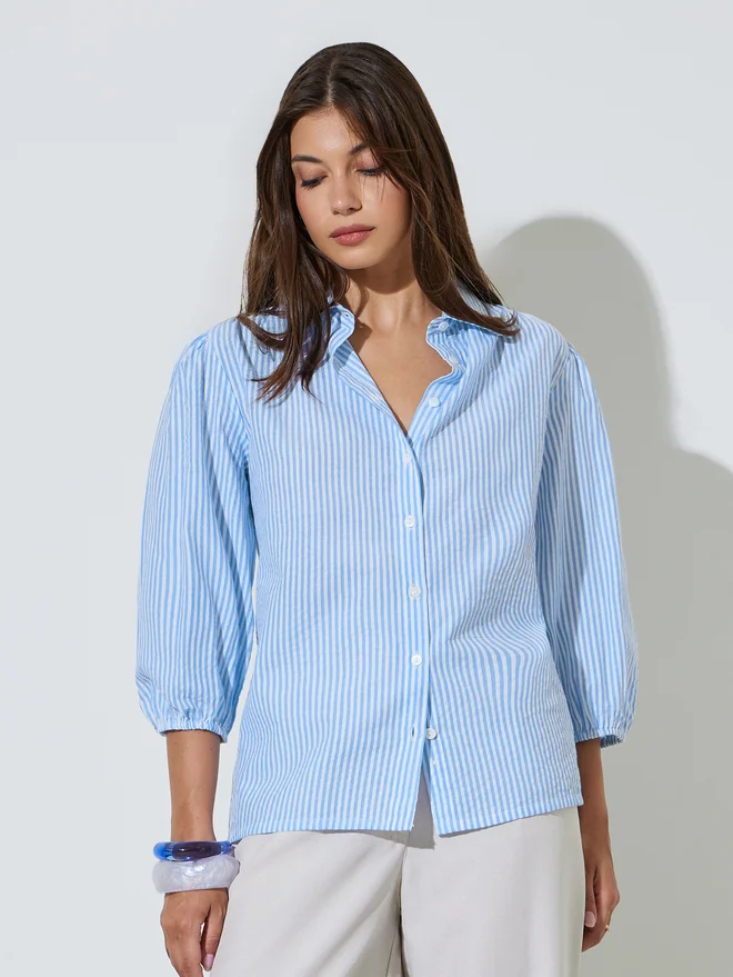 Styli Styli Blue Striped Cotton Shirt with 3/4 Sleeve