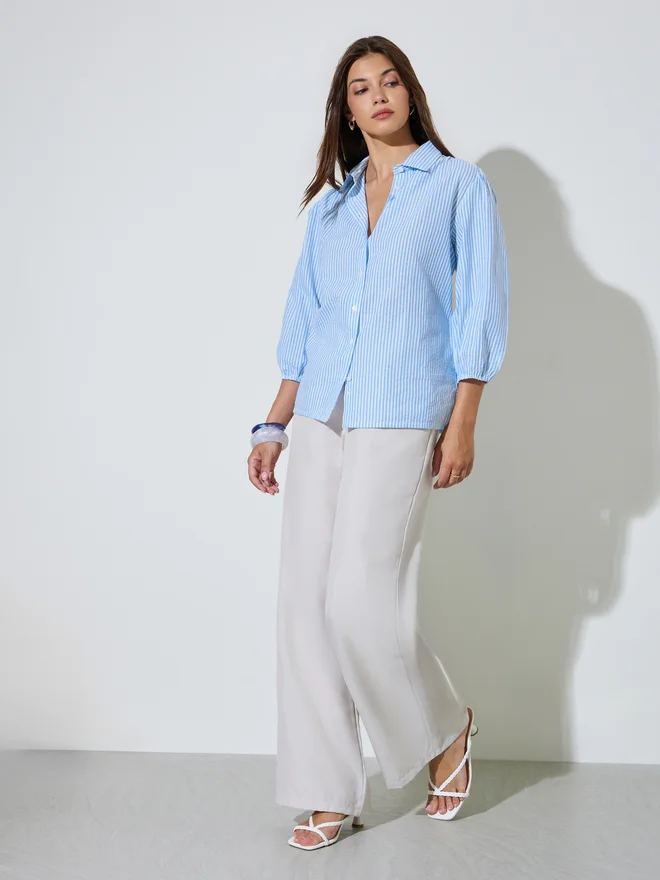 Styli Styli Blue Striped Cotton Shirt with 3/4 Sleeve