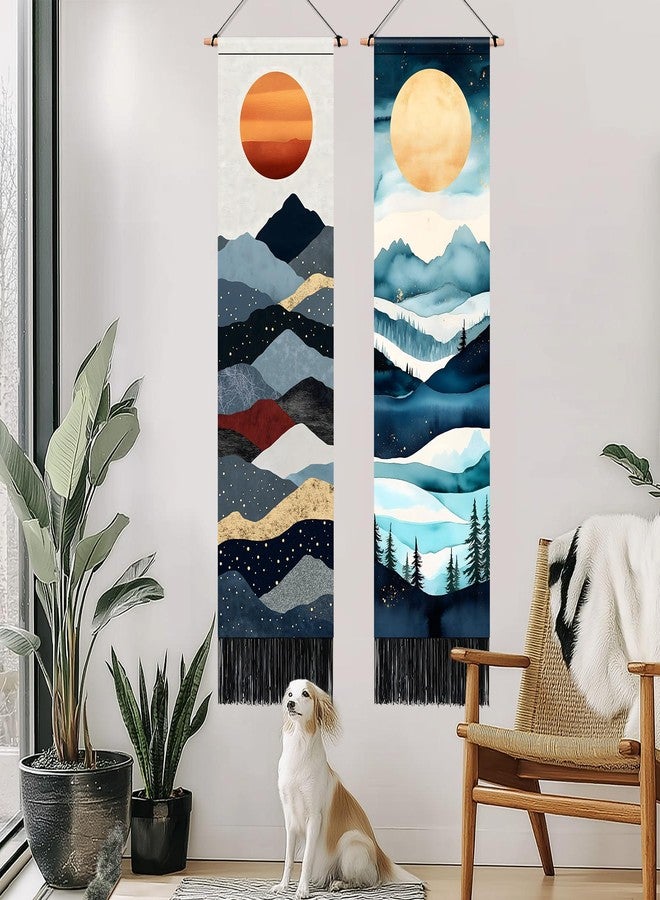 AOHMPT Pack of 2 Long Tapestry,Nature Landscape Tapesty with Serene Mountain River, Moon & Sun Motifs,Traditional Ink Painting Vertical Wall Art , Zen Aesthetic Wall Hanging for Living Room Bedroom - Image 2