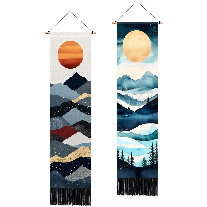 AOHMPT Pack of 2 Long Tapestry,Nature Landscape Tapesty with Serene Mountain River, Moon & Sun Motifs,Traditional Ink Painting Vertical Wall Art , Zen Aesthetic Wall Hanging for Living Room Bedroom - Image 1