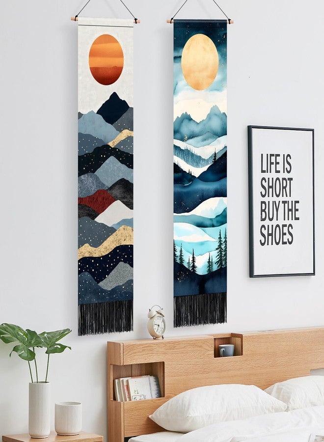 AOHMPT Pack of 2 Long Tapestry,Nature Landscape Tapesty with Serene Mountain River, Moon & Sun Motifs,Traditional Ink Painting Vertical Wall Art , Zen Aesthetic Wall Hanging for Living Room Bedroom - Image 3