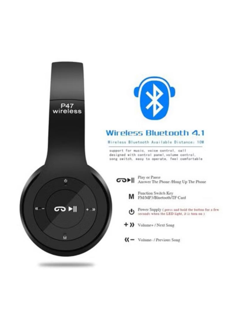 P47 Wireless Over-Ear Headphones with Microphone, Black - Image 3