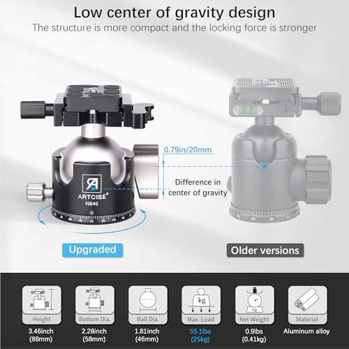 ARTCISE 46mm Low ProfileTripod Ball Head with Lever Release ARTCISE Heavy Duty Ball Head Camera Ball Head with Arca Swiss Quick Release Plate for Camera Tripod Monopod DSLR Camcorder Telescope Max Load 55lbs - Image 5