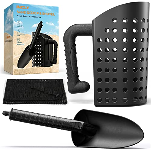 INCLY Sand Scoop & Shovel, Detecting Accessories for Kid & Adult Metal Detector, Sand Sifter Treasure Hunting & Digging Tool at The Beach & More, Black - Come with Mesh Bag - Image 1