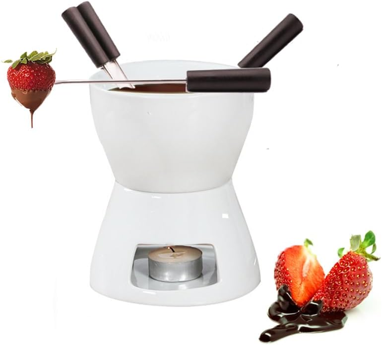 CORJEEJOR Fondue Pot Set with 4 Forks Ceramic Butter Warmer Set Premium Tea Light Porcelain Melting Pot for Chocolate Cheese Caramel - Image 1