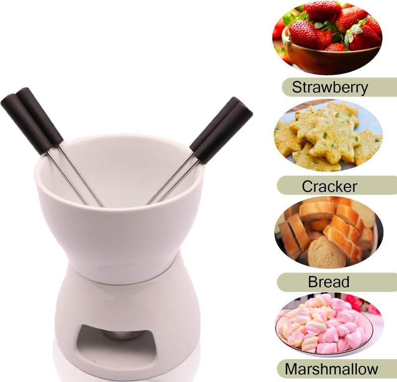 CORJEEJOR Fondue Pot Set with 4 Forks Ceramic Butter Warmer Set Premium Tea Light Porcelain Melting Pot for Chocolate Cheese Caramel - Image 2