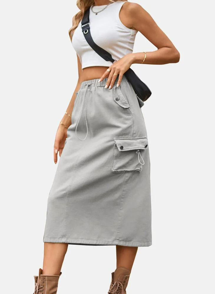 YUNIQEE Grey Mid Rise Plain Midi Skirt
