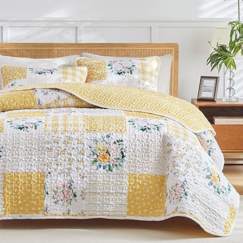Joyreap 2 Pieces Floral Patchwork Quilt Set Twin, Yellow n White Flowers Design, Soft n Cozy Microfiber Quilt, Bedspread Bed Cover for All Season, 1 Quilt and 1 Pillow Sham- 68x86 inches - Image 3