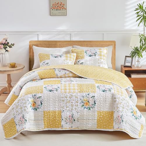 Joyreap 2 Pieces Floral Patchwork Quilt Set Twin, Yellow n White Flowers Design, Soft n Cozy Microfiber Quilt, Bedspread Bed Cover for All Season, 1 Quilt and 1 Pillow Sham- 68x86 inches - Image 1
