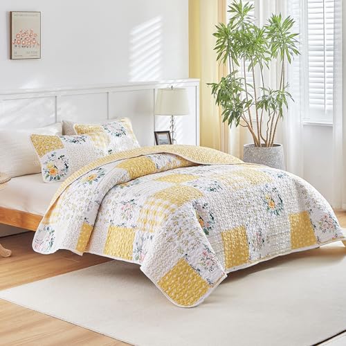 Joyreap 2 Pieces Floral Patchwork Quilt Set Twin, Yellow n White Flowers Design, Soft n Cozy Microfiber Quilt, Bedspread Bed Cover for All Season, 1 Quilt and 1 Pillow Sham- 68x86 inches - Image 2