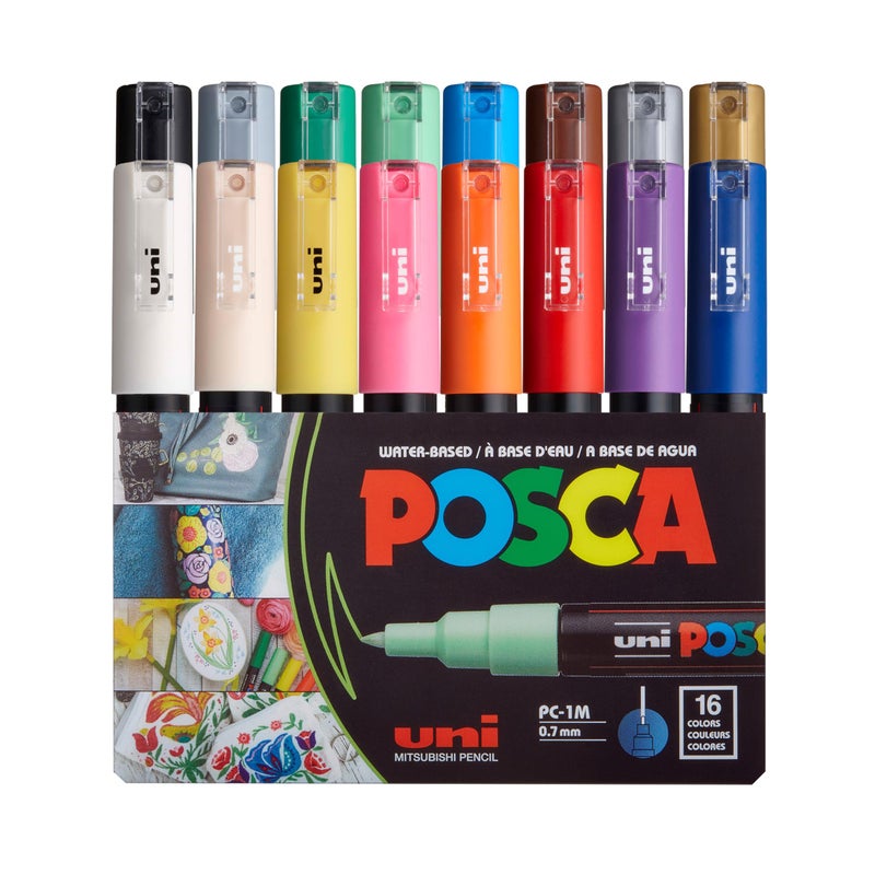 Uniball Posca, PC-1M Extra Fine Paint Marker Pen Set - 0.7 mm Tip, 16 Colours