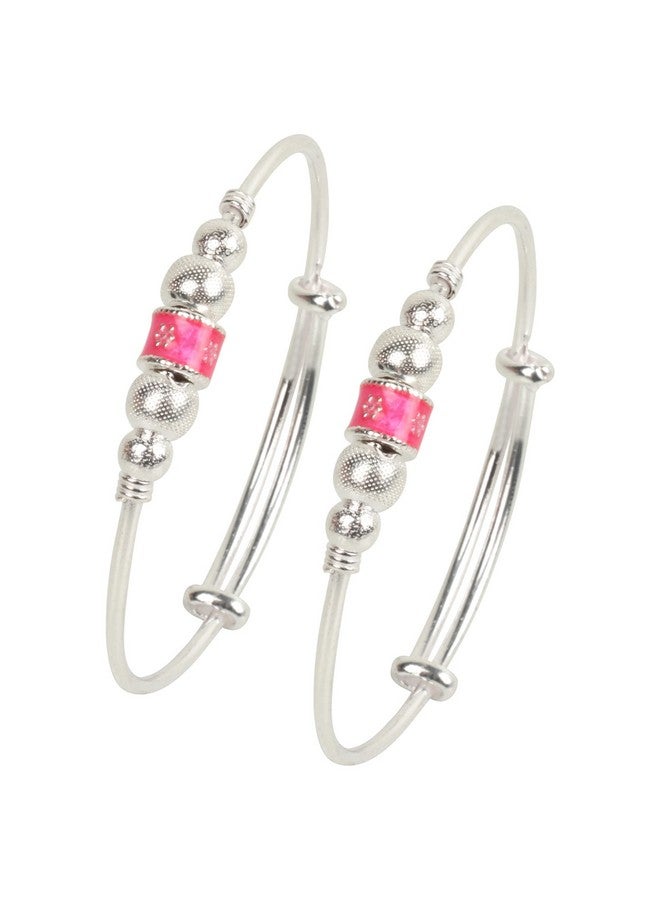 Silver Chest 925 Pure Silver Bangles for Baby Girl and Boy Silver Bracelet Pair for Kids -Pack of 2 Silver Self Design Beads with Centre Pink Charm - Image 1