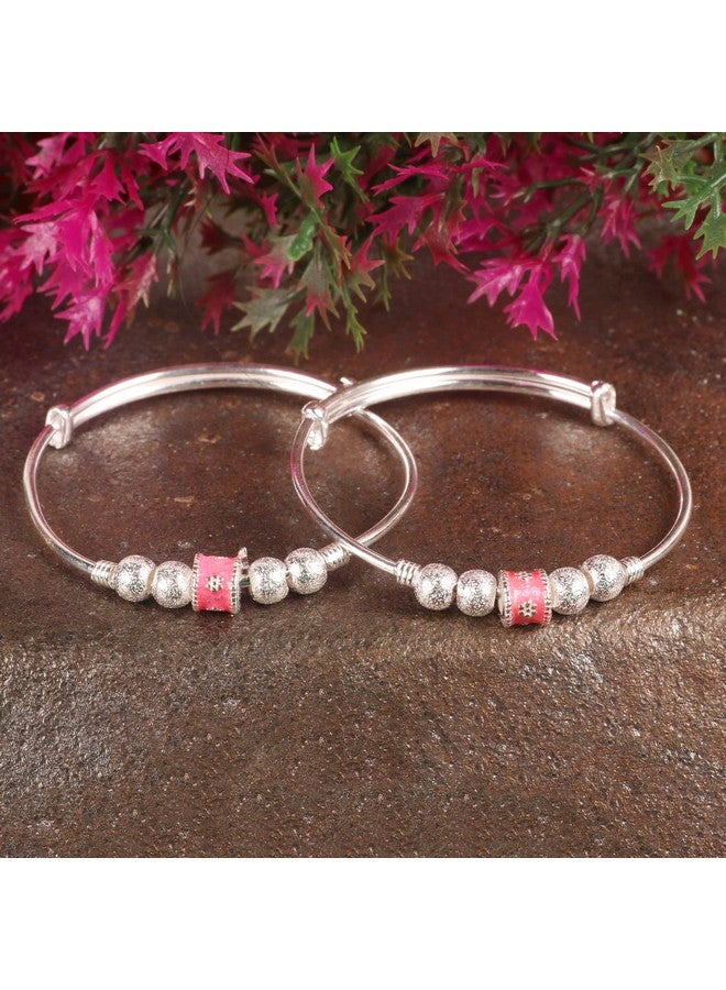 Silver Chest 925 Pure Silver Bangles for Baby Girl and Boy Silver Bracelet Pair for Kids -Pack of 2 Silver Self Design Beads with Centre Pink Charm - Image 2