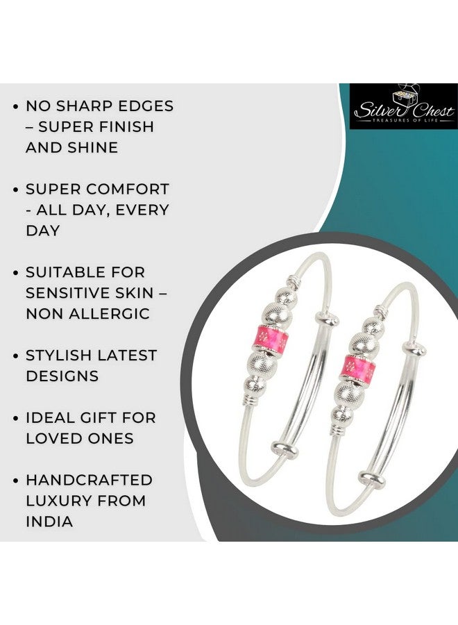Silver Chest 925 Pure Silver Bangles for Baby Girl and Boy Silver Bracelet Pair for Kids -Pack of 2 Silver Self Design Beads with Centre Pink Charm - Image 4