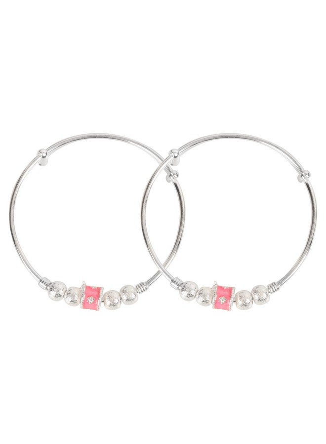 Silver Chest 925 Pure Silver Bangles for Baby Girl and Boy Silver Bracelet Pair for Kids -Pack of 2 Silver Self Design Beads with Centre Pink Charm - Image 5