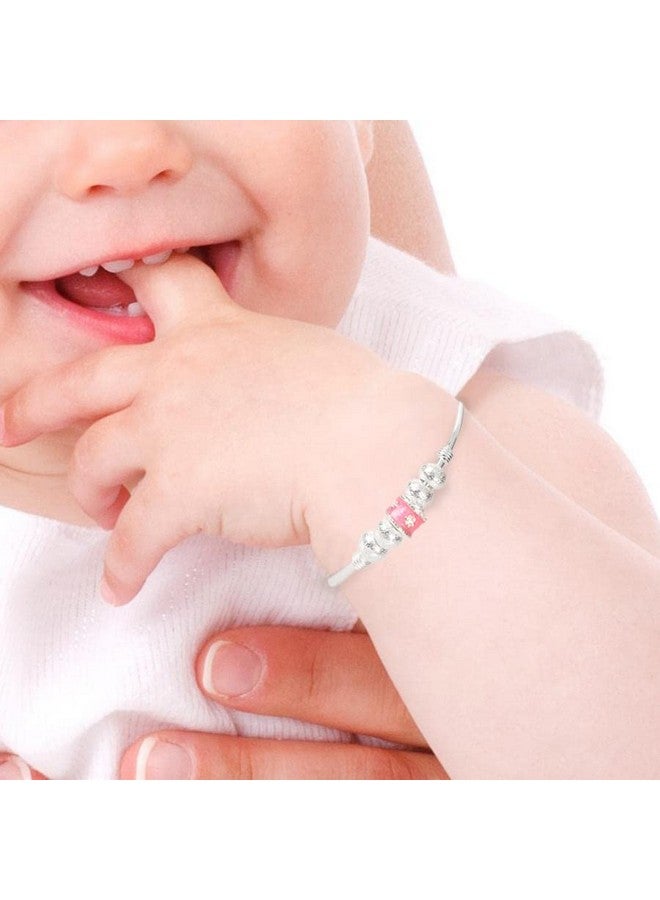Silver Chest 925 Pure Silver Bangles for Baby Girl and Boy Silver Bracelet Pair for Kids -Pack of 2 Silver Self Design Beads with Centre Pink Charm - Image 3