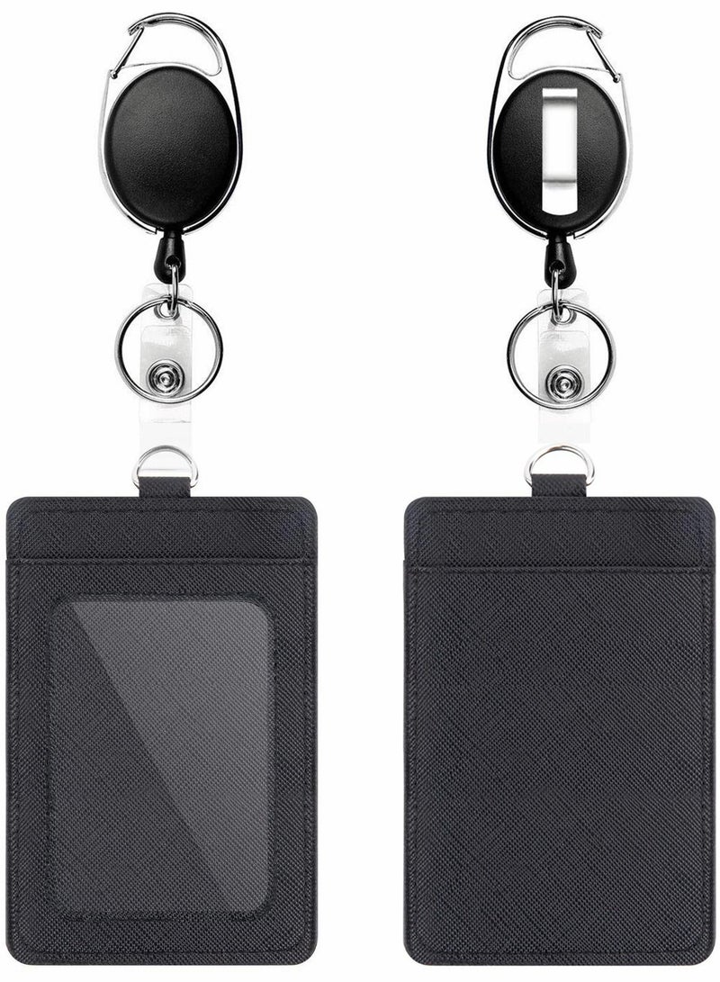 Generic Badge Holders, 2 Pcs Heavy Duty Retractable Reel Clips Set with Carabiner Clip, Vertical Leather ID Card Holder, Black - Image 1