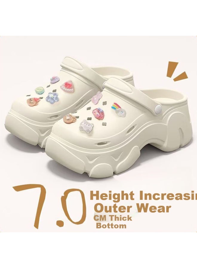 Sevfun Seven Color Yarn Hollow Shoes أحذية نسائية بكعب عالي مبطنة سميكة لتكبير وتنحيف الجسم، صنادل مقاومة للاهتراء وغير قابلة للانزلاق للارتداء الخارجي، شبشب أبيض مقاس 38-39 - Image 2