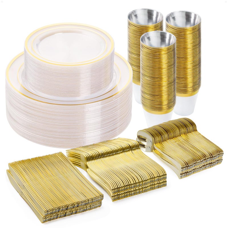 BESTVIP 300PCS Plastic Dinnerware Set (50 Guests)  Clear Gold Disposable Plates for Party  Wedding  Anniversary  Includes: Dinner Plates  Dessert Plates  Cups  Spoons  Forks and Knives - Image 1