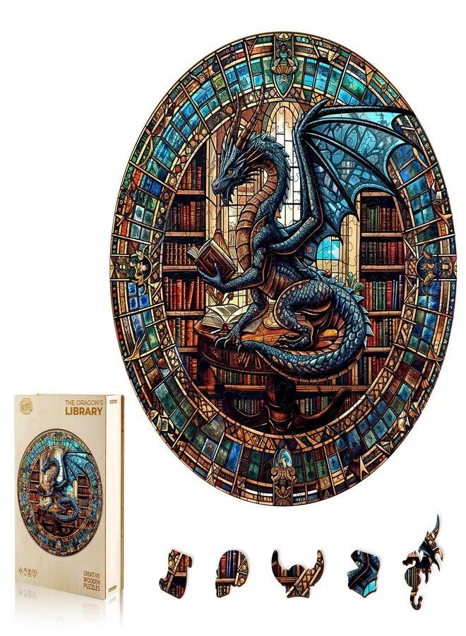 WOODBESTS Wooden Puzzles for Adults (200 Piece, M, 11.4"x11.4") Dragon's Library Wood Puzzle Adult, Unique Wooden Animal Jigsaw Puzzles, Family Game and Birthday Gifts for Friend - Image 1