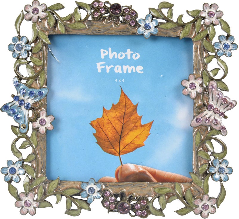 ChezMax Vintage Picture Photo Frames 4x4 Butterfly Antique Picture Frame Retro Metal Ornate Flower Frame with Glass Tabletop and Wall Hanging Home Decor Decorative Gallery Art Photo Display
