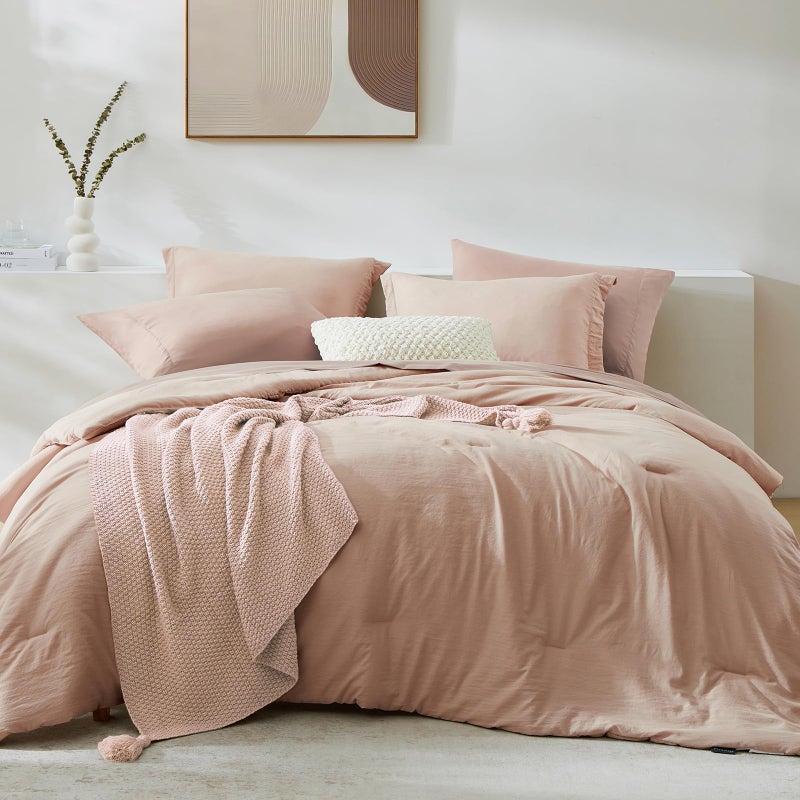 WRENSONGE Queen Comforter Set - 7 Pieces Clay Pink Soft Bed in a Bag Queen with Fitted Sheet, Flat Sheet, 2 Pillow Shams, and 2 Pillowcases- Warm Bedding Sets for All Season - Image 1