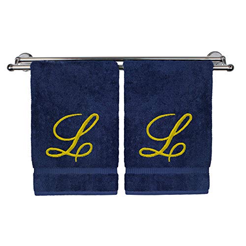 BC BARE COTTON Monogrammed Hand Towel, Personalized Gift, 16 x 30 Inches - Set of 2 - Gold Embroidered Towel - Extra Absorbent 100% Turkish Cotton - Soft Terry Finish - for Bathroom, Kitchen and Spa - Script L Navy - Image 1