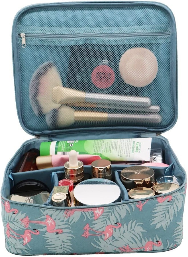 AEKDO Portable Makeup Train Case Travel Cosmetic Storage Double Zipper Pouch Bag Kit with Removable Partitions, Handle for Women-Blue Color Flamingo Design - Image 3