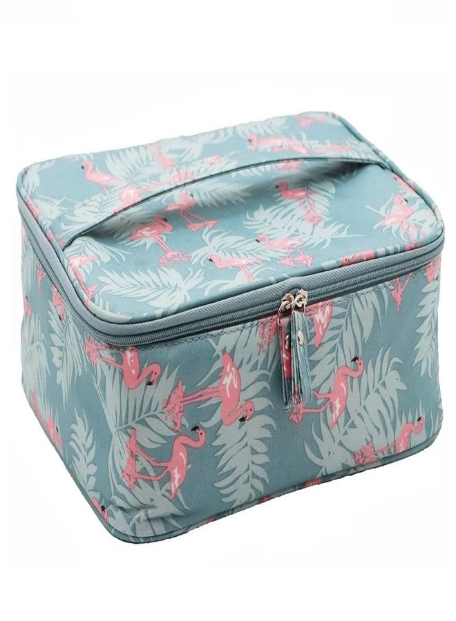 AEKDO Portable Makeup Train Case Travel Cosmetic Storage Double Zipper Pouch Bag Kit with Removable Partitions, Handle for Women-Blue Color Flamingo Design - Image 5