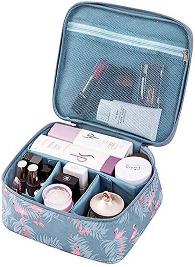 AEKDO Portable Makeup Train Case Travel Cosmetic Storage Double Zipper Pouch Bag Kit with Removable Partitions, Handle for Women-Blue Color Flamingo Design - Image 4