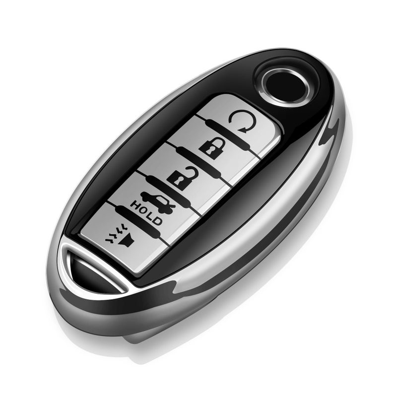 Tukellen غطاء مفتاح متوافق مع نيسان من توكيلين، غلاف مفتاح ناعم من TPU لموديلات إنفينيتي XTrail Rogue Altima Quest Pathfinder Sentra Patrol CIMA Fuga Armada Teana Murano 5 أزرار، فضي