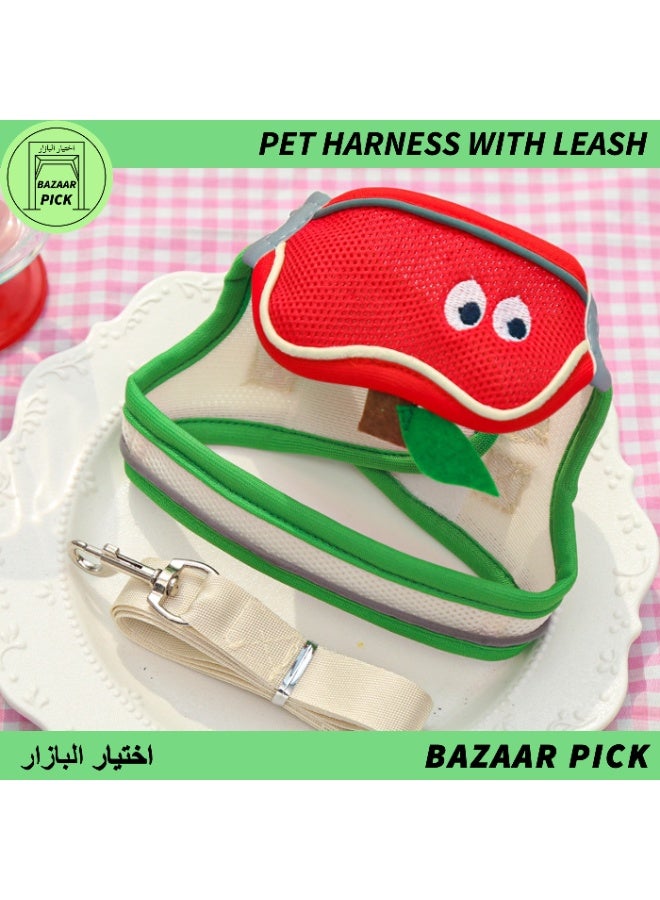 سرج حيوانات أليفة مع مقود، للكلاب والقطط بتصميم فاكهة مميز، سترة شبكية مسامية بنمط كرتوني، S - Image 1