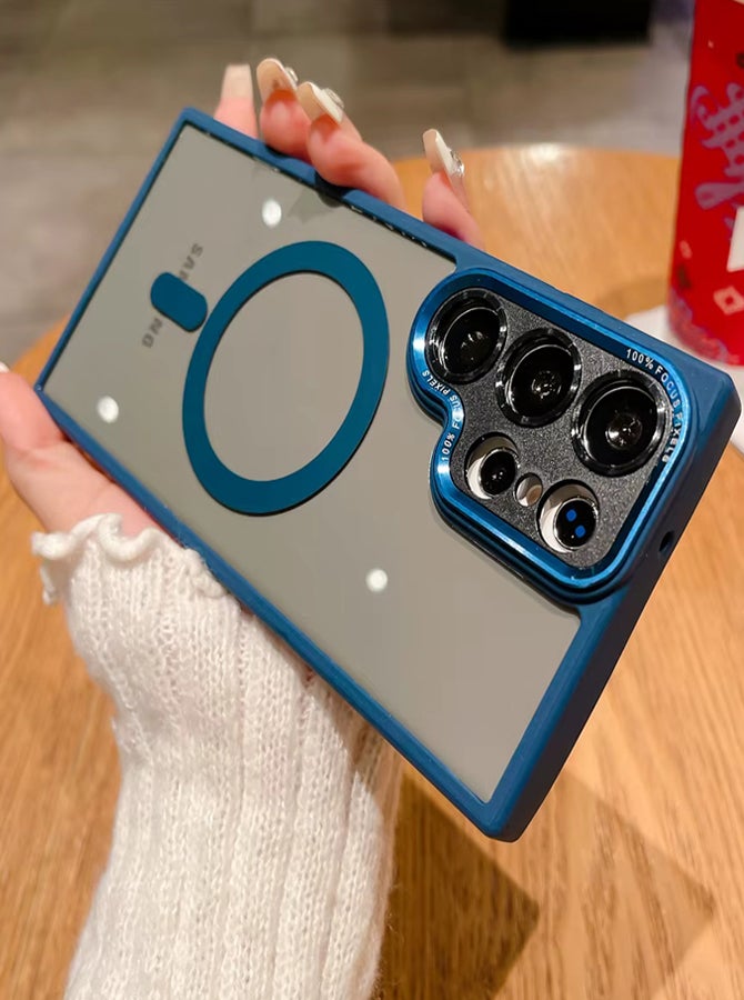 جراب مغناطيسي مقاوم للصدمات لهاتف Samsung Galaxy S22 Ultra مع إطار كاميرا معدني لحماية كاملة للعدسات - غطاء مغناطيسي أنيق غير لامع للرجال والنساء والشباب ويدعم الماج سيف والشحن اللاسلكي - مضاد لبصمات الأصابع، وحماية للكاميرا، ومقاوم للسقوط (أزرق)