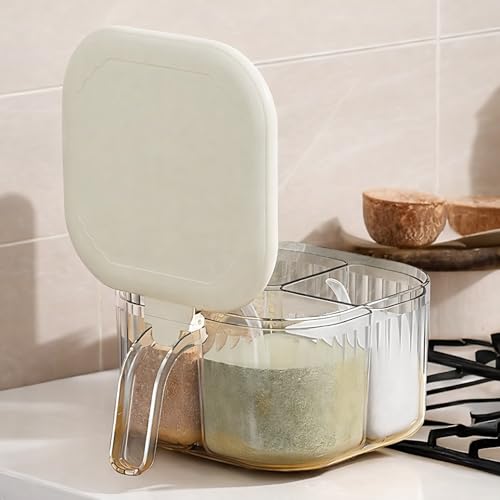 HoopVool 4-Compartment Clear Acrylic Spice Box with Spoon, Transparent Seasoning Box for Kitchen Countertop Storage Multipurpose Spice Organizer for Salt, Sugar, Pepper, Herbs, and More (White) - Image 1