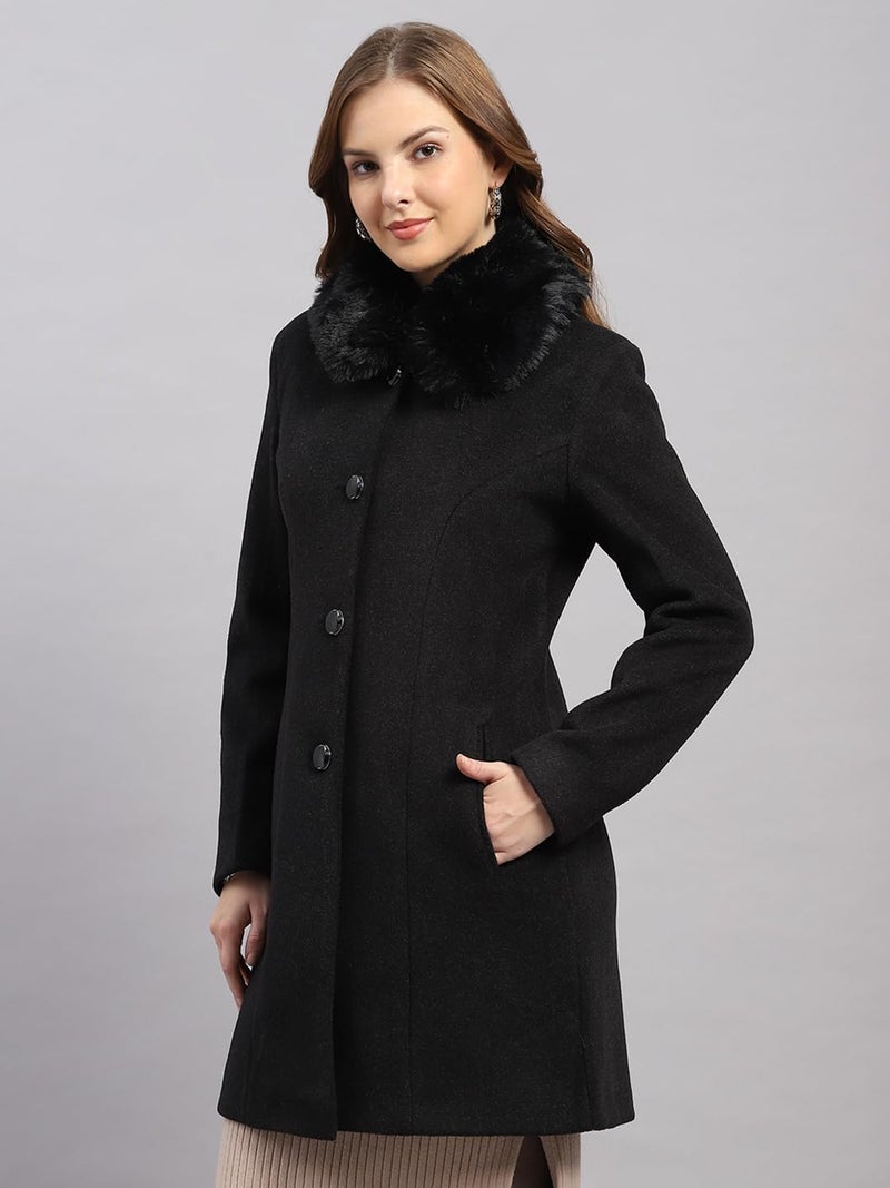 Monte Carlo Womens Regular Fit Solid Button Full Sleeve Winter Coat | Warm Woolen Overcoat for Ladies | Stylish Long Sleeve Buttoned Jacket Black M (Pack Of_1) - Image 3