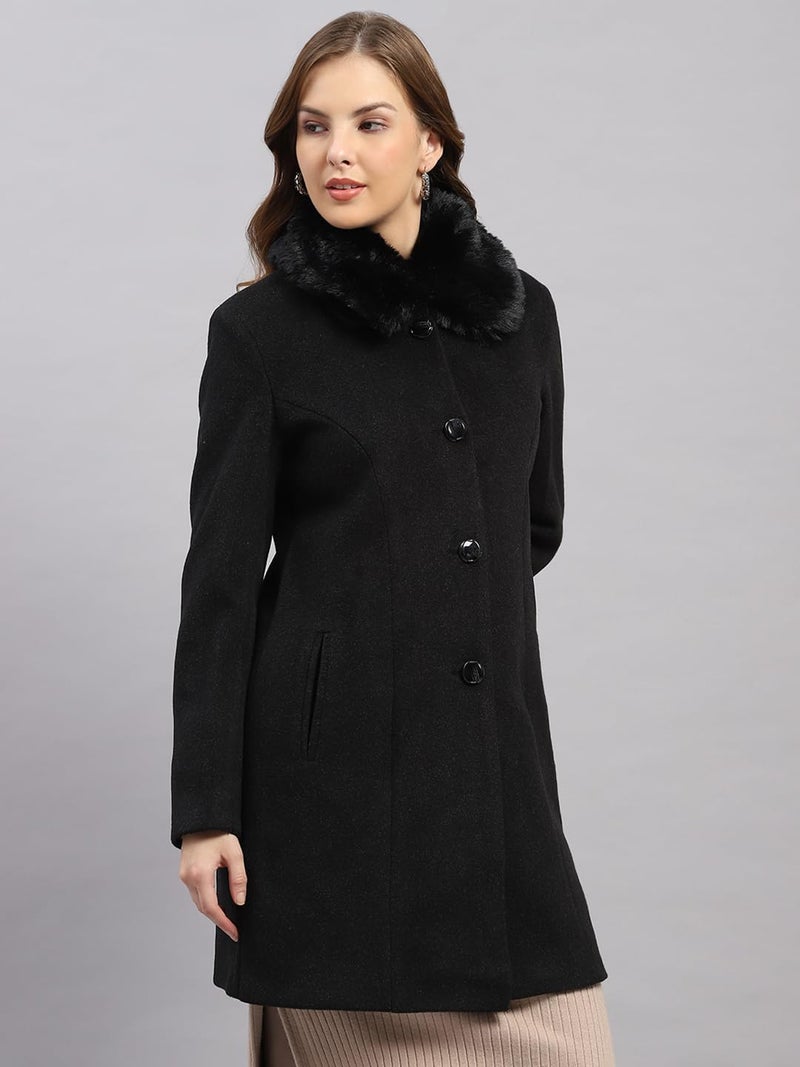 Monte Carlo Womens Regular Fit Solid Button Full Sleeve Winter Coat | Warm Woolen Overcoat for Ladies | Stylish Long Sleeve Buttoned Jacket Black M (Pack Of_1) - Image 4