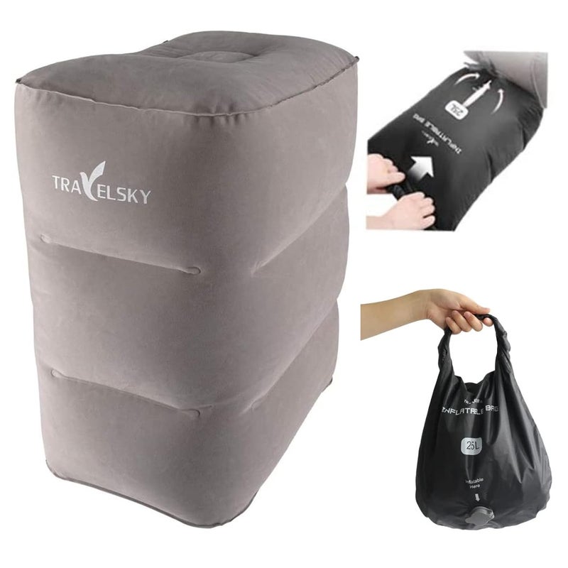 The AutoStory The Autostory Travelsky Inflatable Travel Pillow Foot Rest Leg Cushion for Kids Adults Sleeping on Car Flight Airplanes Portable Travel Plane Footrest for Home and Offiice with 2 in1 Bag Grey