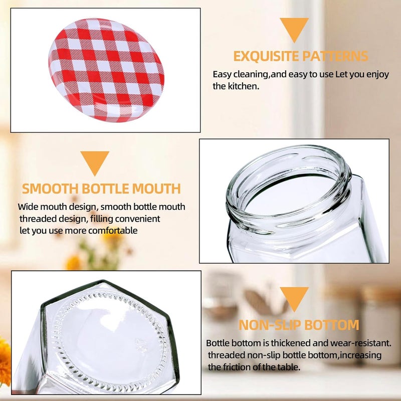 SKYLINK 12 Pack 8oz Hexagon Glass Jars with Airtight Red Gingham Lids, Small Canning Jars for Jam, Honey, Pickling, Preserving, Spice Storage, DIY Candle Making & Party Favors - Image 5