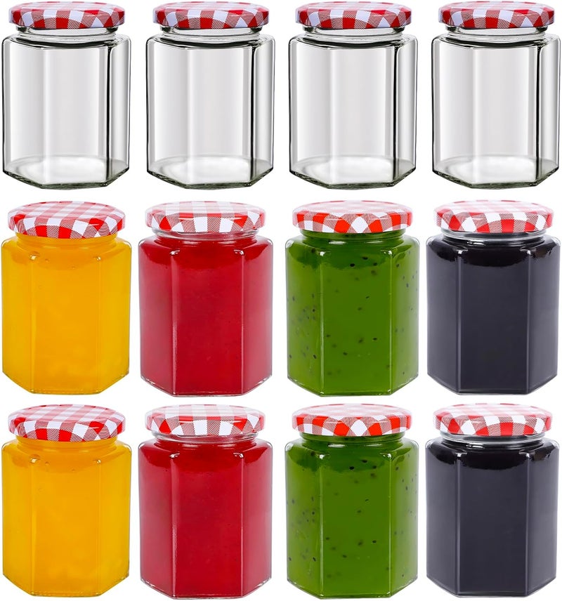 SKYLINK 12 Pack 8oz Hexagon Glass Jars with Airtight Red Gingham Lids, Small Canning Jars for Jam, Honey, Pickling, Preserving, Spice Storage, DIY Candle Making & Party Favors - Image 1