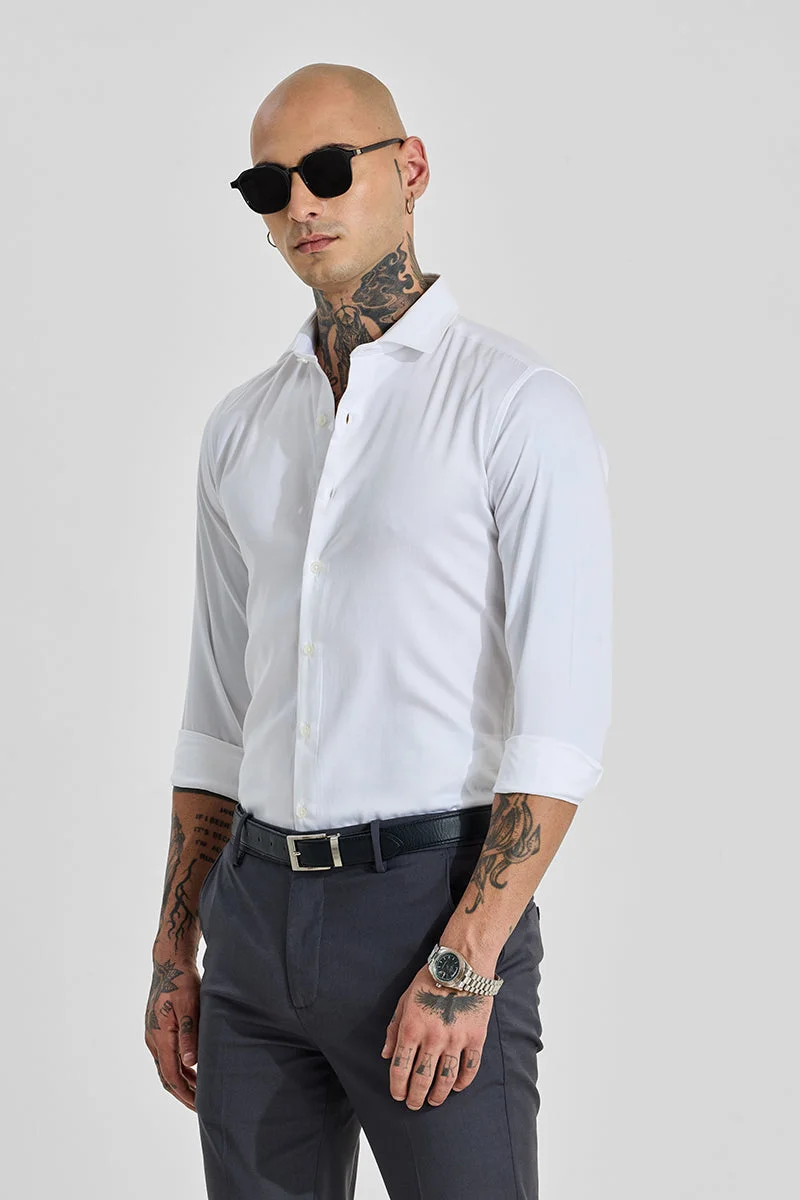 سنيتش White Solid Long Sleeve Slim Fit Shirt