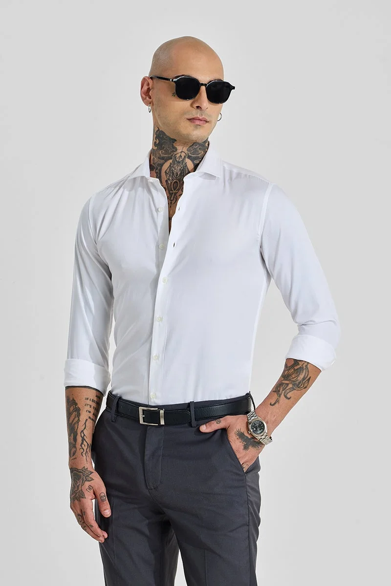 SNITCH White Solid Long Sleeve Slim Fit Shirt