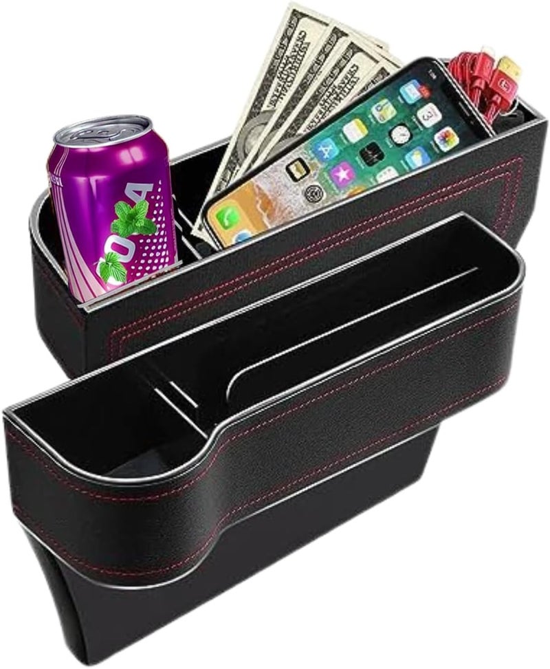 Car Seat Gap Organizer with Cup Holder, 2 Pack - Black Faux Leather Storage Box for Keys, Wallet, Pen - Image 1