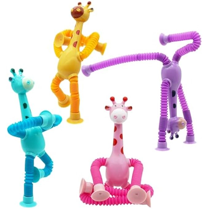 POP TUBE GIRAFFE, 4 PACK TELESCOPIC SUCTION CUP GIRAFFE TOY, STRETCHY GIRAFFE SUCTION TOY, AIRPLANE TRAVEL ESSENTIALS KIDS - Image 1