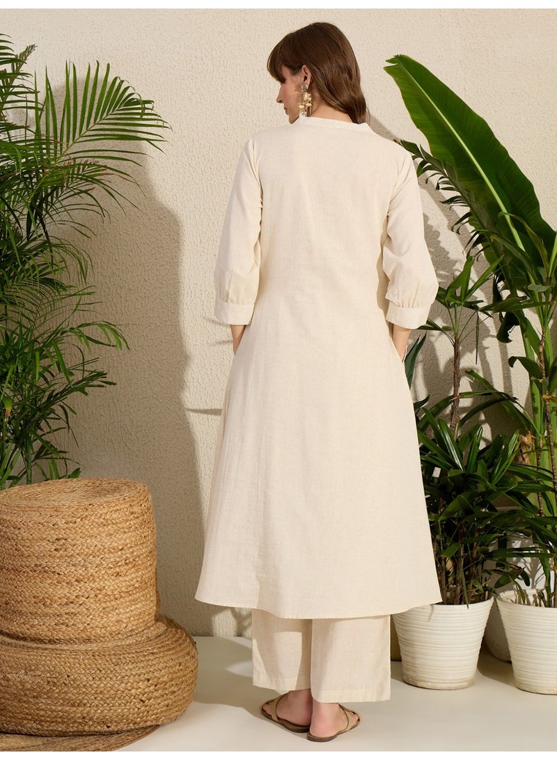 Ameya Off White Embroidered Cotton A-Line Kurta Trouser Set - Image 4