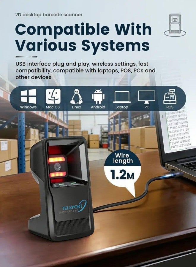 TELEPORT ماسح الباركود المكتبي ثنائي الأبعاد السلكي Teleport TP-6500، سهل الاستخدام، يدعم رموز الباركود أحادية وثنائية الأبعاد، مزود بخاصية الاستشعار التلقائي، وأنماط التشغيل المستمر والتشغيل بمفتاح، مصنوع من مادة ABS+PC عالية المتانة. - Image 4